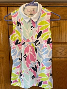 Tommy Bahama Sleeveless Leaf-Print Polo in White, Pink, Lime, Navy